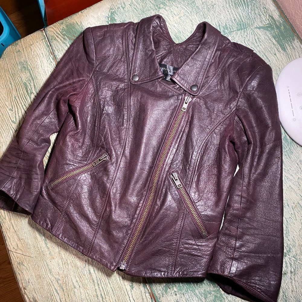 Theyskens Theory Womens Cropped Moto Zip Up Dark Purple Burgundy Leather XS $995
